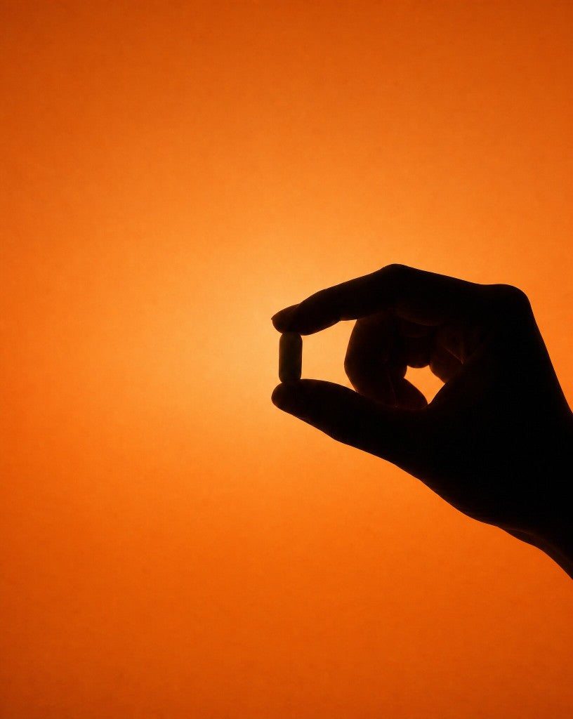 A silhouetted hand holding a single Azio Beauty Skin Longevity Complex capsule against a warm orange glow.